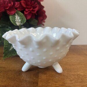Vintage Fenton Hobnail Milk Glass Bowl Ruffled‎ Edge Tripod Footed Dish White